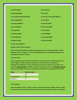 To feel (sentirse)                                  To look (mirar)

To begin (empezar)                                  To see (ver)

To end, finish (acabar/terminar)                    To call (US) / To ring (UK) (llamar)

To stay (quedarse)                                  To read (leer)

To change (cambiar)                                 To write (escribir)

To wait (esperar)                                   To listen (escuchar)

To put (poner)                                      To eat (comer)

To be able (poder)                                  To drink (beber)

To think (pensar)                                   To learn (aprender)

To believe (creer)                                  To teach (enseñar)

To hope, wish (esperar)

Auxiliary Verbs (Verbos auxiliares)

Hay tres verbos importantes en inglés que se pueden usar como verbos principales o verbos
auxiliares: "to be", "to have" y "to do". Dependiendo del uso, el significado cambia pero la
conjugación es siempre la misma.

To be (ser/estar)

Como en español, este verbo es muy importante y lo usamos mucho. Al mismo tiempo, es un
verbo irregular en todos los tiempos. Además, la construcción de frases negativas e
interrogativas es diferente a como construimos las de los otros verbos, como veremos en la
lección de construir frases. Tambien, usamos este verbo para construir el presente continuo,
como veremos luego. Por lo tanto, es importante entender bien la conjugación de este verbo.

Sujeto                    Presente simple
I                         am
You, We, They             are
He, She, It               is


To have (haber)

Este verbo significa "tener" cuando lo usamos como verbo principal y significa "haber" cuando
se usa como verbo auxiliar. Aprenderemos más sobre el uso del verbo "to have" como auxiliar
 