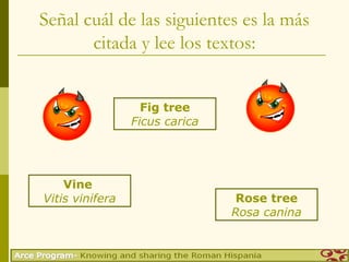 Señal cuál de las siguientes es la más
       citada y lee los textos:


                   Fig tree
                 Ficus carica




    Vine
Vitis vinifera                  Rose tree
                                Rosa canina
 