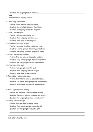 Question: Are we going to build a house?
   Test
    Write sentences in going to future.

1. she / copy / the chapter
    Positive: She is going to copy the chapter.
    Negative: She is not going to copy the chapter.
    Question: Is she going to copy the chapter?
1.he / criticise / you
    Positive: He is going to criticise you.
    Negative: He is not going to criticise you.
    Question: Is he going to criticise you?
2.I / defend / my point of view
    Positive: I am going to defend my point of view.
    Negative: I am not going to defend my point of view.
    Question: Am I going to defend my point of view?
3.they / discuss / the problem
    Positive: They are going to discuss the problem.
    Negative: They are not going to discuss the problem.
    Question: Are they going to discuss the problem?
4.he / reach / his goal
    Positive: He is going to reach his goal.
    Negative: He is not going to reach his goal.
    Question: Is he going to reach his goal?
5.the robber / rob / another bank
    Positive: The robber is going to rob another bank.
    Negative: The robber is not going to rob another bank.
    Question: Is the robber going to rob another bank?


6.we / explore / a new territory
    Positive: We are going to explore a new territory.
    Negative: We are not going to explore a new territory.
    Question: Are we going to explore a new territory?
7.they / rescue / the girl
    Positive: They are going to rescue the girl.
    Negative: They are not going to rescue the girl.
    Question: Are they going to rescue the girl?




   Fall is here, hear the yell
 
