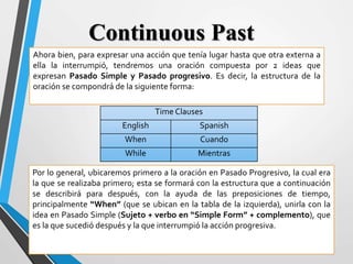 Ahora bien, para expresar una acción que tenía lugar hasta que otra externa a
ella la interrumpió, tendremos una oración compuesta por 2 ideas que
expresan Pasado Simple y Pasado progresivo. Es decir, la estructura de la
oración se compondrá de la siguiente forma:
Continuous Past
Time Clauses
English Spanish
When Cuando
While Mientras
Por lo general, ubicaremos primero a la oración en Pasado Progresivo, la cual era
la que se realizaba primero; esta se formará con la estructura que a continuación
se describirá para después, con la ayuda de las preposiciones de tiempo,
principalmente “When” (que se ubican en la tabla de la izquierda), unirla con la
idea en Pasado Simple (Sujeto + verbo en “Simple Form” + complemento), que
es la que sucedió después y la que interrumpió la acción progresiva.
 
