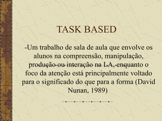 TASK BASED  -Um trabalho de sala de aula que envolve os alunos na compreensão, manipulação, produção ou interação na LA, enquanto o foco da atenção está principalmente voltado para o significado do que para a forma (David Nunan, 1989)  