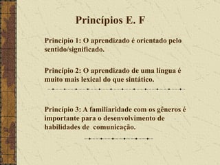 Princípios E. F  Princípio 1: O aprendizado é orientado pelo sentido/significado.  Princípio 2: O aprendizado de uma língua é muito mais lexical do que sintático. Princípio 3: A familiaridade com os gêneros é importante para o desenvolvimento de habilidades de  comunicação. 