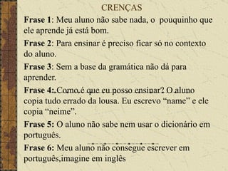 CRENÇAS   Frase 1 : Meu aluno não sabe nada, o  pouquinho que ele aprende já está bom. Frase 2 : Para ensinar é preciso ficar só no contexto do aluno. Frase 3 : Sem a base da gramática não dá para aprender. Frase 4:  Como é que eu posso ensinar? O aluno copia tudo errado da lousa. Eu escrevo “name” e ele copia “neime”. Frase 5:  O aluno não sabe nem usar o dicionário em português. Frase 6:  Meu aluno não consegue escrever em português,imagine em inglês 