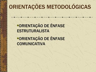 ORIENTAÇÕES METODOLÓGICAS ORIENTAÇÃO DE ÊNFASE ESTRUTURALISTA ORIENTAÇÃO DE ÊNFASE COMUNICATIVA 