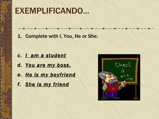 EXEMPLIFICANDO... Complete with I, You, He or She. I  am a student You are my boss. He is my boyfriend She is my friend 