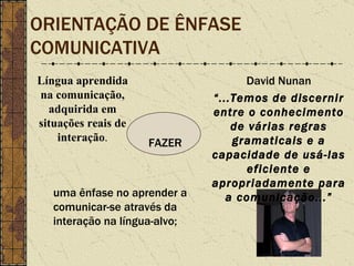 ORIENTAÇÃO DE ÊNFASE  COMUNICATIVA FAZER Língua aprendida na comunicação, adquirida em situações reais de interação . uma ênfase no aprender a comunicar-se através da interação na língua-alvo; David Nunan “ ... Temos de discernir entre o conhecimento de várias regras gramaticais e a capacidade de usá-las eficiente e apropriadamente para a comunicação...”                                                                                             