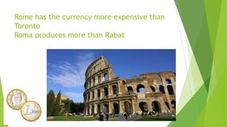 Rome has the currency more expensive than
Toronto
Roma produces more than Rabat
 