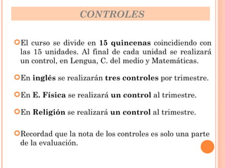 CONTROLES El curso se divide en  15 quincenas  coincidiendo con las 15 unidades. Al final de cada unidad se realizará un control, en Lengua, C. del medio y Matemáticas. En  inglés  se realizarán  tres controles  por trimestre. En  E. Física  se realizará  un control  al trimestre. En  Religión  se realizará  un control  al trimestre. Recordad que la nota de los controles es solo una parte de la evaluación. 