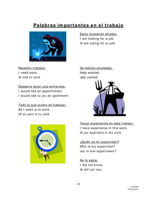 10
5/26/2009
Presentations
Palabras im portantes en el trabajo
Estoy buscando empleo.
I am looking for a job.
Ai am luking for ei yob.
Necesito trabajar. Se solicita empleado.
I need work. Help wanted.
Ai niid tu uork Jelp uanted
Desearía tener una entrevista.
I would like an appointment.
I would laik tu jav an apoitment.
Todo lo que quiero es trabajar.
All I want is to work.
Ol ai uant is tu uork.
Tengo experiencia en este trabajo.
I have experience in this work.
Ai jav expiriens in dis uork.
¿Quién es mi supervisor?
Who is my supervisor?
Juu is mai supervaisor?
No lo sabía.
I did not know.
Ai did not nou.
 