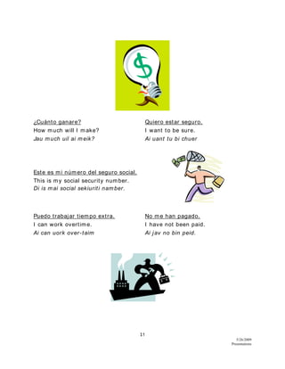 11
5/26/2009
Presentations
¿Cuánto ganare? Quiero estar seguro.
How much will I make? I want to be sure.
Jau much uil ai meik? Ai uant tu bi chuer
Este es mi número del seguro social.
This is my social security number.
Di is mai social sekiuriti namber.
Puedo trabajar tiempo extra. No me han pagado.
I can work overtime. I have not been paid.
Ai can uork over-taim Ai jav no bin peid.
 