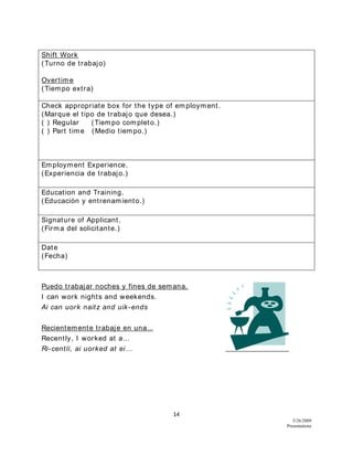 14
5/26/2009
Presentations
Shift Work
(Turno de trabajo)
Overtime
(Tiempo extra)
Check appropriate box for the type of employment.
(Marque el tipo de trabajo que desea.)
( ) Regular (Tiempo completo.)
( ) Part time (Medio tiempo.)
Employment Experience.
(Experiencia de trabajo.)
Education and Training.
(Educación y entrenamiento.)
Signature of Applicant.
(Firma del solicitante.)
Date
(Fecha)
Puedo trabajar noches y fines de semana.
I can work nights and weekends.
Ai can uork naitz and uik-ends
Recientemente trabaje en una…
Recently, I worked at a…
Ri-centli, ai uorked at ei…
 