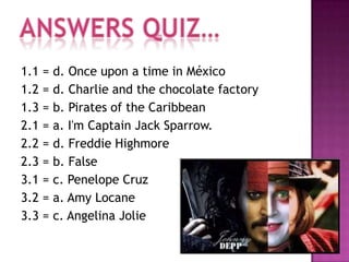 1.1 =   d. Once upon a time in México
1.2 =   d. Charlie and the chocolate factory
1.3 =   b. Pirates of the Caribbean
2.1 =   a. I'm Captain Jack Sparrow.
2.2 =   d. Freddie Highmore
2.3 =   b. False
3.1 =   c. Penelope Cruz
3.2 =   a. Amy Locane
3.3 =   c. Angelina Jolie
 