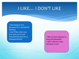 I LIKE… I DON’T LIKE


-I like being in love
because it’s a wonderful
freeling
-I don’t like when you
love and you’re not
matched because it’s a     -I like my hair cebause is
disappointment             long and beautiful
                           -I don´t like my nose
                           because is rare
 
