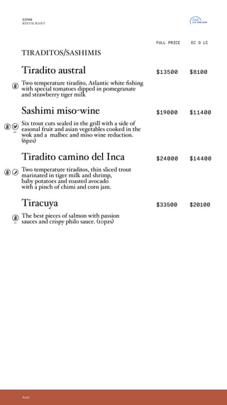 tiraditos/sashimis
Tiradito austral $13500 $8100
Tiradito en dos temperaturas, pesca blanca del
Atlantico y tomatitos reliquia bañados en pomelo,
con leche de tigre de frutillas.
Sashimi miso-wine $19000 $11400
6 Cortes de trucha sellados a la plancha,
acompañado de frutas de temporada y vegetales
asiáticos al wok con una reducción de vino malbec
y miso. (6pzs)
Tiradito camino del Inca $24000 $14400
Tiradito a dos temperaturas. Finos cortes de
trucha marinadas en una leche de tigre. Con
langostinos, papines y palta asada, con un toque
de chimi y crema de choclo.
Tiracuya $33500 $20100
Un clasico de nuestra barra nikkei, los mejores
finos cortes de salmón rosado con salsa passion e
hilos crocantes de masa philo.
SIPAN
RESTAURANT
EC O LC
Sushi
FULL PRICE
tiraditos/sashimis
Tiradito austral
Two temperature tiradito, Atlantic white fishing
with special tomatoes dipped in pomegranate
and strawberry tiger milk
Sashimi miso-wine
Six trout cuts sealed in the grill with a side of
easonal fruit and asian vegetables cooked in the
wok and a malbec and miso wine reduction.
(6pzs)
Tiradito camino del Inca
Two temperature tiraditos, thin sliced trout
marinated in tiger milk and shrimp,
baby potatoes and roasted avocado
with a pinch of chimi and corn jam.
Tiracuya
The best pieces of salmon with passion
sauces and crispy philo sauce. (10pzs)
opc.
opc.
 