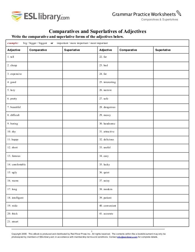 Printables Esl Library Grammar Practice Worksheets ingles t5comparativaysuperlativa comparatives and superlatives of adjectives write the comparative superlative forms below