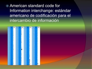  American standard code for
Information interchange: estándar
americano de codificación para el
intercambio de información
 