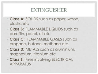 EXTINGUISHER
• Class A: SOLIDS such as paper, wood,
plastic etc
• Class B: FLAMMABLE LIQUIDS such as
paraffin, petrol, oil etc
• Class C: FLAMMABLE GASES such as
propane, butane, methane etc
• Class D: METALS such as aluminium,
magnesium, titanium etc
• Class E: Fires involving ELECTRICAL
APPARATUS
 