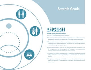 Seventh Grade




ENGLISH
Seventh grade general objectives.
By the end of seventh grade, students will be able to:

   Understand vocabulary related to introductions, greetings, names, numbers and courtesy
   expressions by interacting with peers in order to fulfill basic communication needs.

   Use vocabulary and structures by practicing dialogues in order to describe and locate
   classroom objects, talk about personal belongings, give and follow classroom
   commands showing courtesy and respect.

   Use vocabulary related to family ties, age, language, nationalities and physical traits
   by writing sentences and short paragraphs and engaging in dialogues in order to
   exchange personal information and describe family members.

   Understand and produce language related to shopping by reading and interacting
   with peers in order to purchase goods and get acquainted with the role of Customer
   Service.

   Interpret and use language related to time, habitual actions and entertainment by
   asking and responding to questions in order to talk about daily routines and leisure
   time activities.
 