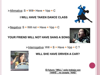 Afirmativa: S + Will+ Have + Vpp + C 
I WILL HAVE TAKEN DANCE CLASS 
Negativa: S + Will not + Have + Vpp + C 
YOUR FRIEND WILL NOT HAVE SANG A SONG 
Interrogativa: Will + S + Have + Vpp + C ? 
WILL SHE HAVE DRIVEN A CAR? 
El futuro “WILL” solo trabaja con 
“HAVE”, no acepta “HAS” 
 