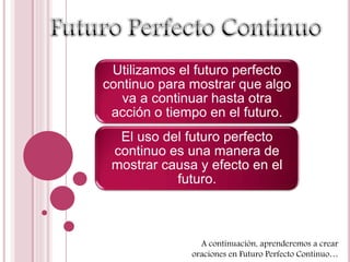 Utilizamos el futuro perfecto 
continuo para mostrar que algo 
va a continuar hasta otra 
acción o tiempo en el futuro. 
El uso del futuro perfecto 
continuo es una manera de 
mostrar causa y efecto en el 
futuro. 
A continuación, aprenderemos a crear 
oraciones en Futuro Perfecto Continuo… 
 