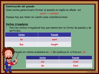 Construcción del pasado
Como norma general para formar el pasado en inglés se añade -ed
                            work --> worked
Aunque hay que tener en cuenta unas consideraciones:

Verbos irregulares
• Para los verbos irregulares hay que memorizar su forma de pasado y de
   participio.
          Verbo                        Pasado

            Go                          went

           Buy                         bought


      Pasado en verbos acabados en –e Se sustituye la -e final por -ed

                            Verbo                        Pasado
                              use                         Used
                              die                          Died
 