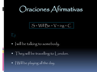 Oraciones Afirmativas
S + Will Be + V + ing + C
Ej:

 I will be talking to somebody.

 They will be travelling to London.
 I Will be playing all the day.

 