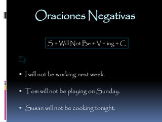 Oraciones Negativas
S + Will Not Be + V + ing + C
Ej:

 I will not be working next week.
 Tom will not be playing on Sunday.
 Susan will not be cooking tonight.

 