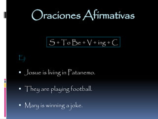 Oraciones Afirmativas
S + To Be + V + ing + C
Ej:

 Josue is living in Patanemo.
 They are playing football.
 Mary is winning a joke.

 