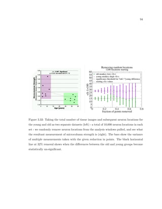 rst creating a cross correlation between neurons and 
glial cells, then integrating over the surface of radial surface of the density map. 
d(~s) = 
Z 
roi 
i(~s0)j(~s0 ~s)d~s0 (2.4) 
where ~s denotes the new projected and rotated space at each sampling region (see 
Fig. 2.15). 
An example of such a correlation measurement is the x,y correlation of neuron location 
to investigate the columnar structure of tissue (See Sec. 2.2.4). If we take samples regions 
(roi) of x,y neuron location from a given region of the brain as shown in Fig. 2.11 then we 
have a density of i(~r) where i represents the neuron population and ~r = fx; yg. We have 
already condensed the space to two dimensions, and rotated each mapping region so that 
the x direction is perpendicular to the general microcolumnar structure. The equation for 
the density map is then: 
d(x; y) = 
Z 
roi 
neuron(x0; y0)neuron(x0  x; y0  y)dx0dy0 (2.5) 
The radial correlation between neurons and glial can be employed by  