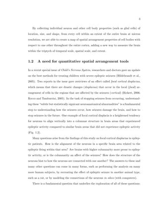 4.16 Part 2 of 2 of changing density model comparison . . . . . . . . . . . . . . . 116 
4.17 Model generation to align with features of area TE . . . . . . . . . . . . . . 118 
4.18 Depiction of 5 million neuron and glial locations within the rat brain . . . . 119 
4.19 Probe analysis focusing on dierent layers of the rat cortex . . . . . . . . . 121 
5.1 Original image data from area 46 . . . . . . . . . . . . . . . . . . . . . . . . 124 
5.2 New measurements for area 46 . . . . . . . . . . . . . . . . . . . . . . . . . 125 
5.3 New running window measurement for area TE . . . . . . . . . . . . . . . . 126 
5.4 Comparison of two running window results for area TE . . . . . . . . . . . 127 
5.5 Example of other properties to correlate . . . . . . . . . . . . . . . . . . . . 132 
5.6 modeling network connectivity . . . . . . . . . . . . . . . . . . . . . . . . . 134 
xii 
 