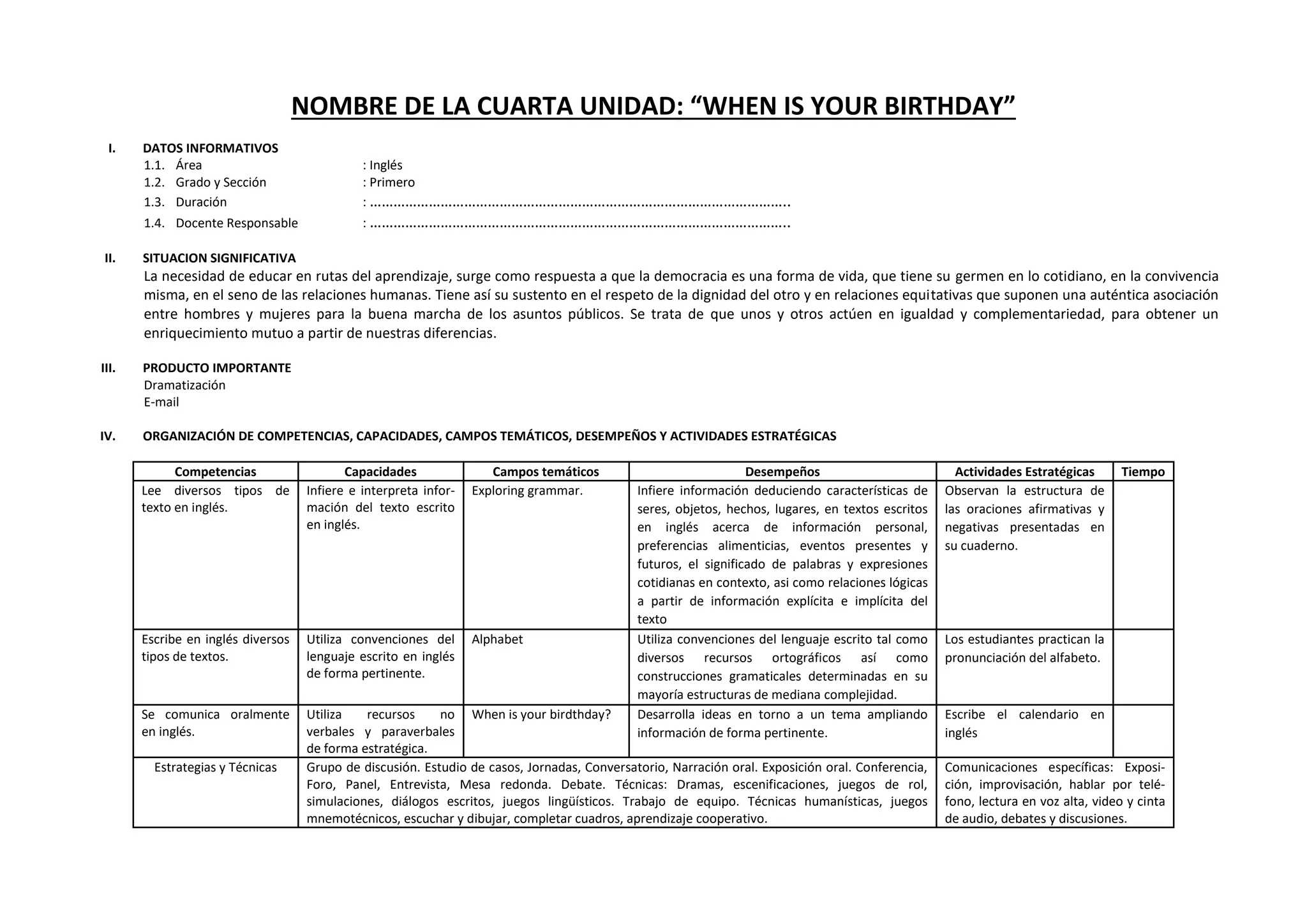 NOMBRE DE LA CUARTA UNIDAD: “WHEN IS YOUR BIRTHDAY”
I. DATOS INFORMATIVOS
1.1. Área : Inglés
1.2. Grado y Sección : Primero
1.3. Duración : ……………………………………………………………………………………………..
1.4. Docente Responsable : ……………………………………………………………………………………………..
II. SITUACION SIGNIFICATIVA
La necesidad de educar en rutas del aprendizaje, surge como respuesta a que la democracia es una forma de vida, que tiene su germen en lo cotidiano, en la convivencia
misma, en el seno de las relaciones humanas. Tiene así su sustento en el respeto de la dignidad del otro y en relaciones equitativas que suponen una auténtica asociación
entre hombres y mujeres para la buena marcha de los asuntos públicos. Se trata de que unos y otros actúen en igualdad y complementariedad, para obtener un
enriquecimiento mutuo a partir de nuestras diferencias.
III. PRODUCTO IMPORTANTE
Dramatización
E-mail
IV. ORGANIZACIÓN DE COMPETENCIAS, CAPACIDADES, CAMPOS TEMÁTICOS, DESEMPEÑOS Y ACTIVIDADES ESTRATÉGICAS
Competencias Capacidades Campos temáticos Desempeños Actividades Estratégicas Tiempo
Lee diversos tipos de
texto en inglés.
Infiere e interpreta infor-
mación del texto escrito
en inglés.
Exploring grammar. Infiere información deduciendo características de
seres, objetos, hechos, lugares, en textos escritos
en inglés acerca de información personal,
preferencias alimenticias, eventos presentes y
futuros, el significado de palabras y expresiones
cotidianas en contexto, asi como relaciones lógicas
a partir de información explícita e implícita del
texto
Observan la estructura de
las oraciones afirmativas y
negativas presentadas en
su cuaderno.
Escribe en inglés diversos
tipos de textos.
Utiliza convenciones del
lenguaje escrito en inglés
de forma pertinente.
Alphabet Utiliza convenciones del lenguaje escrito tal como
diversos recursos ortográficos así como
construcciones gramaticales determinadas en su
mayoría estructuras de mediana complejidad.
Los estudiantes practican la
pronunciación del alfabeto.
Se comunica oralmente
en inglés.
Utiliza recursos no
verbales y paraverbales
de forma estratégica.
When is your birdthday? Desarrolla ideas en torno a un tema ampliando
información de forma pertinente.
Escribe el calendario en
inglés
Estrategias y Técnicas Grupo de discusión. Estudio de casos, Jornadas, Conversatorio, Narración oral. Exposición oral. Conferencia,
Foro, Panel, Entrevista, Mesa redonda. Debate. Técnicas: Dramas, escenificaciones, juegos de rol,
simulaciones, diálogos escritos, juegos lingüísticos. Trabajo de equipo. Técnicas humanísticas, juegos
mnemotécnicos, escuchar y dibujar, completar cuadros, aprendizaje cooperativo.
Comunicaciones específicas: Exposi-
ción, improvisación, hablar por telé-
fono, lectura en voz alta, video y cinta
de audio, debates y discusiones.
 