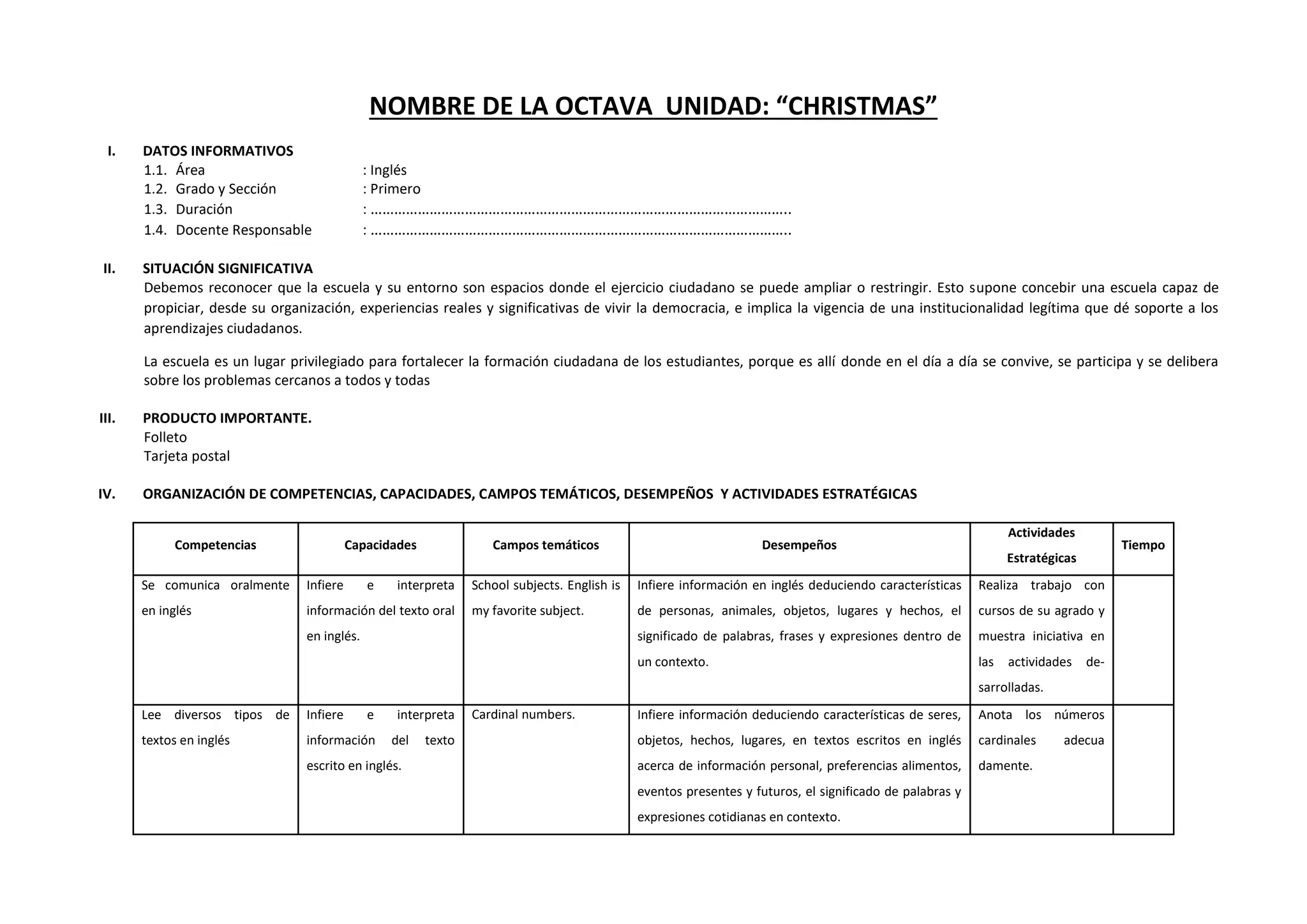 NOMBRE DE LA OCTAVA UNIDAD: “CHRISTMAS”
I. DATOS INFORMATIVOS
1.1. Área : Inglés
1.2. Grado y Sección : Primero
1.3. Duración : ……………………………………………………………………………………………..
1.4. Docente Responsable : ……………………………………………………………………………………………..
II. SITUACIÓN SIGNIFICATIVA
Debemos reconocer que la escuela y su entorno son espacios donde el ejercicio ciudadano se puede ampliar o restringir. Esto supone concebir una escuela capaz de
propiciar, desde su organización, experiencias reales y significativas de vivir la democracia, e implica la vigencia de una institucionalidad legítima que dé soporte a los
aprendizajes ciudadanos.
La escuela es un lugar privilegiado para fortalecer la formación ciudadana de los estudiantes, porque es allí donde en el día a día se convive, se participa y se delibera
sobre los problemas cercanos a todos y todas
III. PRODUCTO IMPORTANTE.
Folleto
Tarjeta postal
IV. ORGANIZACIÓN DE COMPETENCIAS, CAPACIDADES, CAMPOS TEMÁTICOS, DESEMPEÑOS Y ACTIVIDADES ESTRATÉGICAS
Competencias Capacidades Campos temáticos Desempeños
Actividades
Estratégicas
Tiempo
Se comunica oralmente
en inglés
Infiere e interpreta
información del texto oral
en inglés.
School subjects. English is
my favorite subject.
Infiere información en inglés deduciendo características
de personas, animales, objetos, lugares y hechos, el
significado de palabras, frases y expresiones dentro de
un contexto.
Realiza trabajo con
cursos de su agrado y
muestra iniciativa en
las actividades de-
sarrolladas.
Lee diversos tipos de
textos en inglés
Infiere e interpreta
información del texto
escrito en inglés.
Cardinal numbers. Infiere información deduciendo características de seres,
objetos, hechos, lugares, en textos escritos en inglés
acerca de información personal, preferencias alimentos,
eventos presentes y futuros, el significado de palabras y
expresiones cotidianas en contexto.
Anota los números
cardinales adecua
damente.
 
