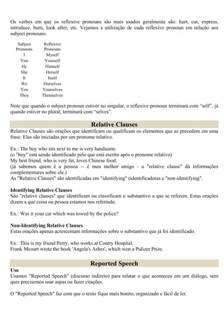 Os verbos em que os reflexive pronouns são mais usados geralmente são: hurt, cut, express,
introduce, burn, look after, etc. Vejamos a utilização de cada reflexive pronoun em relação aos
subject pronouns:

   Subject      Reflexive
  Pronouns      Pronouns
      I          Myself
    You         Yourself
     He          Himself
     She         Herself
      It          Itself
     We         Ourselves
    You        Yourselves
    They       Themselves

Note que quando o subject pronoun estiver no singular, o reflexive pronoun terminará com “self”, já
quando estiver no plural, terminará com “selves”.

                                      Relative Clauses
Relative Clauses são orações que identificam ou qualificam os elementos que as precedem em uma
frase. Elas são iniciadas por um pronome relativo.

Ex.: The boy who sits next to me is very handsome.
(o "boy" está sendo identificado pelo que está escrito após o pronome relativo)
My best friend, who is very fat, loves Chinese food.
(já sabemos quem é a pessoa -- é meu melhor amigo - a "relative clause" dá informações
complementares sobre ele.)
As "Relative Clauses" são identificadas em "identifying" (identificadoras e "non-identifying".

Identifying Relative Clauses
São "relative clauses" que identificam ou classificam o substantivo a que se referem. Estas orações
dizem a que coisa ou pessoa estamos nos referindo.

Ex.: Was it your car which was towed by the police?

Non-Identifying Relative Clauses
Estas orações apenas acrescentam informações sobre o substantivo que já foi identificado.

Ex.: This is my friend Perry, who works at Contry Hospital.
Frank Mcourt wrote the book 'Angela's Ashes', which won a Pulizer Prize.

                                      Reported Speech
Uso
Usamos "Reported Speech" (discurso indireto) para relatar o que aconteceu em um diálogo, sem
qure precisemos usar aspas ou fazer citações.

O "Reported Speech" faz com que o texto fique mais bonito, organizado e fácil de ler.
 