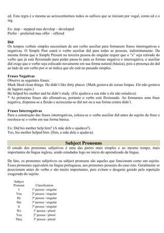 ed. Esta regra é a mesma ao acrescentarmos todos os sufixos que se iniciam por vogal, como ed e o
ing.

Ex: step – stepped mas develop – developed
Prefer – preferred mas offer – offered

Did
Os tempos verbais simples necessitam de um verbo auxiliar para formarem frases interrogativas e
negativas. O Simple Past usará o verbo auxiliar did para todas as pessoas, indistintamente. Da
mesma forma que o Simple Present na terceira pessoa do singular requer que o “s” seja retirado do
verbo que já está flexionado para poder passa-lo para as formas negativa e interrogativa, o auxiliar
did exige que o verbo seja colocado novamente em sua forma natural (básica), pois a presença do did
ao lado de um verbo por si só indica que ele está no passado simples.

Frases Negativas
Observe as seguintes frases:
Mark liked clean things. He didn’t like dirty places. (Mark gostava de coisas limpas. Ele não gostava
de lugares sujos.)
He helped his mother and he didn’t study. (Ele ajudava a sua mãe e ele não estudava).
* As primeiras frases são afirmativas, portanto o verbo está flexionado. Ao formamos uma frase
negativa, dispensa-se a flexão e acrescenta-se did not ou a sua forma contra didn’t.

Frases Interrogativas
Para a construção das frases interrogativas, coloca-se o verbo auxiliar did antes do sujeito da frase e
recoloca-se o verbo em sua forma básica.

Ex: Did his mother help him? (A mãe dele o ajudava?).
Yes, his mother helped him. (Sim, a mãe dele o ajudava).

                                       Subject Pronouns
O estudo dos pronomes subjetivos é uma das partes mais simples e ao mesmo tempo, mais
importantes da língua inglesa, sendo estudadas logo no início do aprendizado da língua.

De fato, os pronomes subjetivos ou subject pronouns são aqueles que funcionam como um sujeito.
Esses pronomes equivalem na língua portuguesa, aos pronomes pessoais do caso reto. Geralmente se
posicionam antes do verbo e são muito importantes, pois evitam o desgaste gerado pela repetição
exagerada do sujeito.

   Subject
   Pronoun         Classification
      I         1ª pessoa / singular
     You        2ª pessoa / singular
     He         3ª pessoa / singular
     She        3ª pessoa / singular
      It        3ª pessoa / singular
     We          1ª pessoa / plural
     You         2ª pessoa / plural
    They         3ª pessoa / plural
 
