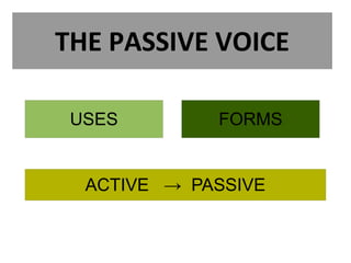 THE PASSIVE VOICE
USES FORMS
ACTIVE → PASSIVE
 