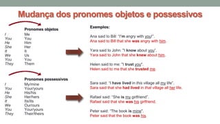 Pronomes objetos
I Me
You You
He Him
She Her
It It
We Us
You You
They Them
Pronomes possessivos
I My/mine
You Your/yours
He His/his
She Her/hers
It Its/its
We Our/ours
You Your/yours
They Their/theirs
Mudança dos pronomes objetos e possessivos
Exemplos:
Ana said to Bill: “I’m angry with you!”.
Ana said to Bill that she was angry with him.
Yara said to John: "I know about you“.
Yara said to John that she knew about him.
Helen said to me: "I trust you".
Helen said to me that she trusted me.
Sara said: “I have lived in this village all my life”.
Sara said that she had lived in that village all her life.
Rafael said: “She is my girlfriend”.
Rafael said that she was his girlfriend.
Peter said: “The book is mine".
Peter said that the book was his.
 