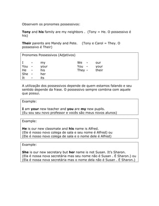 Observem os pronomes possessivos:
Tony and his family are my neighbors . (Tony = He. O possessivo é
his)
Their parents are Mandy and Pete. (Tony e Carol = They. O
possessivo é Their)
Pronomes Possessivos (Adjetivos)
I - my We - our
You - your You - your
He - his They - their
She - her
It - its
A utilização dos possessivos depende de quem estamos falando e seu
sentido depende da frase. O possessivo sempre combina com aquele
que possui.
Example:
I am your new teacher and you are my new pupils.
(Eu sou seu novo professor e vocês são meus novos alunos)
Example:
He is our new classmate and his name is Alfred.
(Ele é nosso novo colega de sala e seu nome é Alfred) ou
(Ele é nosso novo colega de sala e o nome dele é Alfred)
Example:
She is our new secretary but her name is not Susan. It’s Sharon.
(Ela é nossa nova secretária mas seu nome não é Susan . É Sharon.) ou
(Ela é nossa nova secretária mas o nome dela não é Susan . É Sharon.)
 