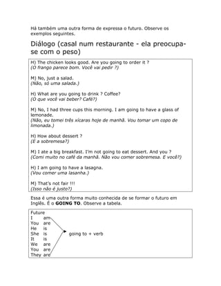 Há também uma outra forma de expressa o futuro. Observe os
exemplos seguintes.
Diálogo (casal num restaurante - ela preocupa-
se com o peso)
H) The chicken looks good. Are you going to order it ?
(O frango parece bom. Você vai pedir ?)
M) No, just a salad.
(Não, só uma salada.)
H) What are you going to drink ? Coffee?
(O que você vai beber? Café?)
M) No, I had three cups this morning. I am going to have a glass of
lemonade.
(Não, eu tomei três xícaras hoje de manhã. Vou tomar um copo de
limonada.)
H) How about dessert ?
(E a sobremesa?)
M) I ate a big breakfast. I’m not going to eat dessert. And you ?
(Comi muito no café da manhã. Não vou comer sobremesa. E você?)
H) I am going to have a lasagna.
(Vou comer uma lasanha.)
M) That’s not fair !!!
(Isso não é justo?)
Essa é uma outra forma muito conhecida de se formar o futuro em
Inglês. É o GOING TO. Observe a tabela.
Future
I am
You are
He is
She is going to + verb
It is
We are
You are
They are
 