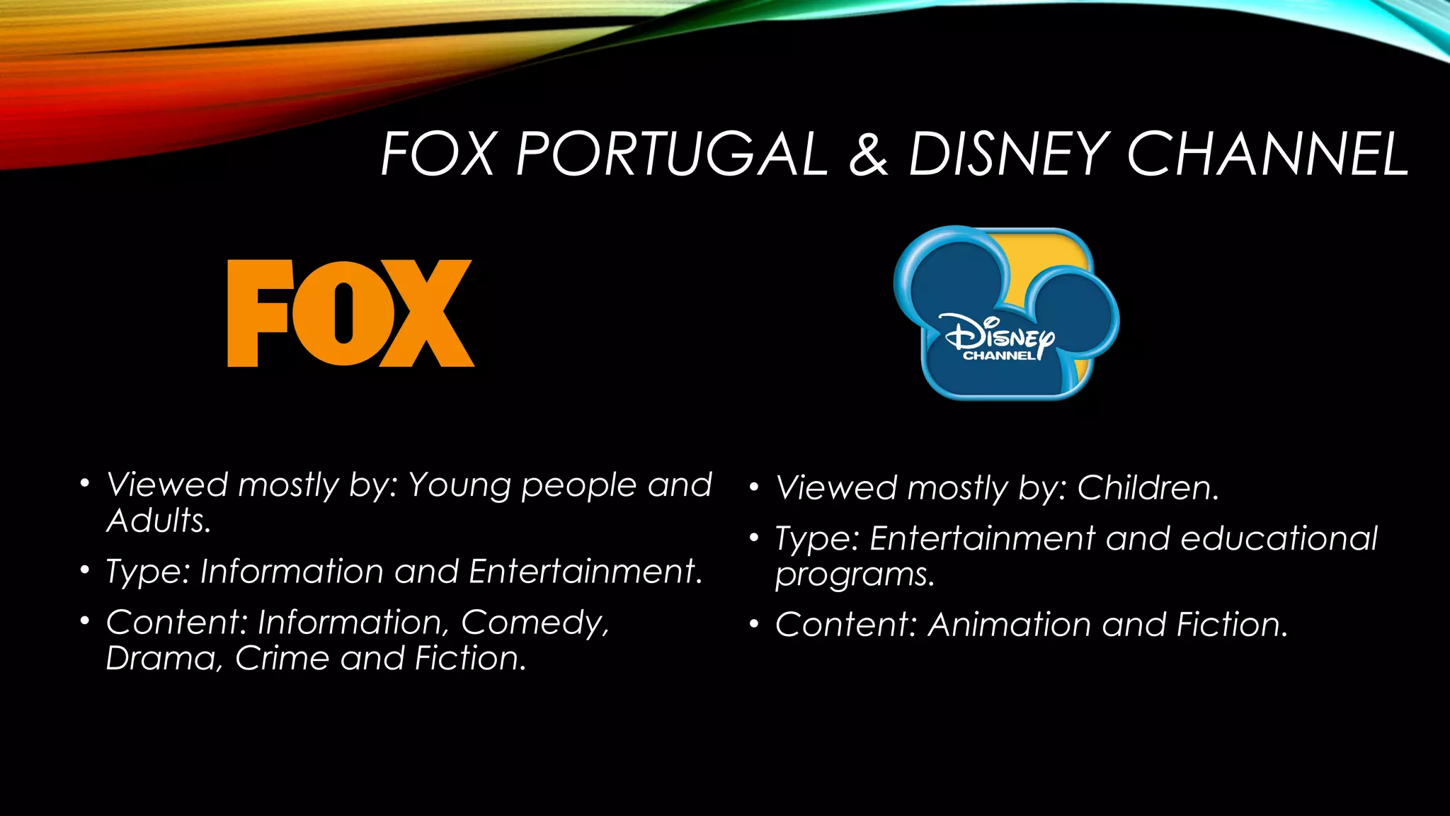 FOX PORTUGAL & DISNEY CHANNEL

• Viewed mostly by: Young people and
Adults.
• Type: Information and Entertainment.
• Content: Information, Comedy,
Drama, Crime and Fiction.

• Viewed mostly by: Children.
• Type: Entertainment and educational
programs.
• Content: Animation and Fiction.

 