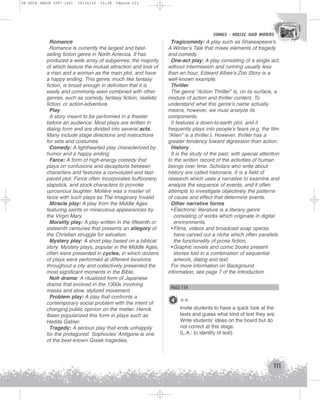 U4 GUIA ING1M (097-125)

19/10/12

15:38

Página 111

SONGS - MUSIC AND WORDS
SONGS - MUSIC AND WORDS

Romance
Romance is currently the largest and bestselling fiction genre in North America. It has
produced a wide array of subgenres, the majority
of which feature the mutual attraction and love of
a man and a woman as the main plot, and have
a happy ending. This genre, much like fantasy
fiction, is broad enough in definition that it is
easily and commonly seen combined with other
genres, such as comedy, fantasy fiction, realistic
fiction, or action-adventure.
Play
A story meant to be performed in a theater
before an audience. Most plays are written in
dialog form and are divided into several acts.
Many include stage directions and instructions
for sets and costumes.
Comedy: A lighthearted play characterized by
humor and a happy ending.
Farce: A form of high-energy comedy that
plays on confusions and deceptions between
characters and features a convoluted and fastpaced plot. Farce often incorporates buffoonery,
slapstick, and stock characters to provoke
uproarious laughter. Molière was a master of
farce with such plays as The Imaginary Invalid.
Miracle play: A play from the Middle Ages
featuring saints or miraculous appearances by
the Virgin Mary.
Morality play: A play written in the fifteenth or
sixteenth centuries that presents an allegory of
the Christian struggle for salvation.
Mystery play: A short play based on a biblical
story. Mystery plays, popular in the Middle Ages,
often were presented in cycles, in which dozens
of plays were performed at different locations
throughout a city and collectively presented the
most significant moments in the Bible.
Noh drama: A ritualized form of Japanese
drama that evolved in the 1300s involving
masks and slow, stylized movement.
Problem play: A play that confronts a
contemporary social problem with the intent of
changing public opinion on the matter. Henrik
Ibsen popularized this form in plays such as
Hedda Gabler.
Tragedy: A serious play that ends unhappily
for the protagonist. Sophocles’ Antigone is one
of the best-known Greek tragedies.

Tragicomedy: A play such as Shakespeare’s
A Winter’s Tale that mixes elements of tragedy
and comedy.
One-act play: A play consisting of a single act,
without intermission and running usually less
than an hour. Edward Albee’s Zoo Story is a
well-known example.
Thriller
The genre “Action Thriller” is, on its surface, a
mixture of action and thriller content. To
understand what this genre’s name actually
means, however, we must analyze its
components.
It features a down-to-earth plot, and it
frequently plays into people’s fears (e.g. the film
“Alien” is a thriller.). However, thriller has a
greater tendency toward digression than action.
History
It is the study of the past, with special attention
to the written record of the activities of human
beings over time. Scholars who write about
history are called historians. It is a field of
research which uses a narrative to examine and
analyze the sequence of events, and it often
attempts to investigate objectively the patterns
of cause and effect that determine events.
Other narrative forms
• Electronic literature is a literary genre
consisting of works which originate in digital
environments.
• Films, videos and broadcast soap operas
have carved out a niche which often parallels
the functionality of prose fiction.
• Graphic novels and comic books present
stories told in a combination of sequential
artwork, dialog and text.
For more information on Background
information, see page 7 of the Introduction.

PAGE 119

4 ++
Invite students to have a quick look at the
texts and guess what kind of text they are.
Write students’ ideas on the board but do
not correct at this stage.
(L.A.: to identify of text).

111

 