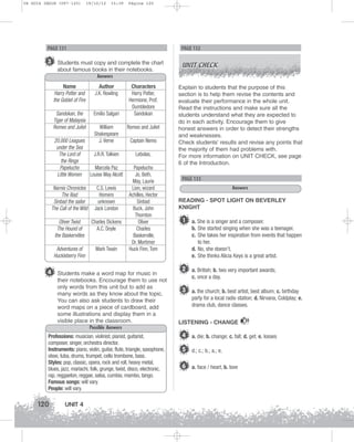 U4 GUIA ING1M (097-125)

19/10/12

15:39

Página 120

PAGE 131

PAGE 132

3 Students must copy and complete the chart

UNIT CHECK

about famous books in their notebooks.
Answers
Name
Harry Potter and
the Goblet of Fire

Author
J.K. Rowling

Sandokan, the
Tiger of Malaysia
Romeo and Juliet

Emilio Salgari
William
Shakespeare
J. Verne

20,000 Leagues
under the Sea
J.R.R. Tolkien
The Lord of
the Rings
Marcela Paz
Papelucho
Little Women Louise May Alcott
Narnia Chronicles
The Iliad
Sinbad the sailor
The Call of the Wild

C.S. Lewis
Homero
unknown
Jack London

Oliver Twist
The Hound of
the Baskervilles

Charles Dickens
A.C. Doyle

Adventures of
Huckleberry Finn

Mark Twain

Characters
Harry Potter,
Hermione, Prof.
Dumbledore
Sandokan
Romeo and Juliet
Captain Nemo
Lebolas,
Papelucho
Jo, Beth,
May, Laurie
Lion, wizard
Achilles, Hector
Sinbad
Buck, John
Thornton
Oliver
Charles
Baskerville,
Dr. Mortimer
Huck Finn, Tom

4 Students make a word map for music in
their notebooks. Encourage them to use not
only words from this unit but to add as
many words as they know about the topic.
You can also ask students to draw their
word maps on a piece of cardboard, add
some illustrations and display them in a
visible place in the classroom.
Possible Answers
Professions: musician, violinist, pianist, guitarist,
composer, singer, orchestra director.
Instruments: piano, violin, guitar, flute, triangle, saxophone,
oboe, tuba, drums, trumpet, cello trombone, bass.
Styles: pop, classic, opera, rock and roll, heavy metal,
blues, jazz, mariachi, folk, grunge, twist, disco, electronic,
rap, reggaeton, reggae, salsa, cumbia, mambo, tango.
Famous songs: will vary.
People: will vary.

120

UNIT 4

Explain to students that the purpose of this
section is to help them revise the contents and
evaluate their performance in the whole unit.
Read the instructions and make sure all the
students understand what they are expected to
do in each activity. Encourage them to give
honest answers in order to detect their strengths
and weaknesses.
Check students’ results and revise any points that
the majority of them had problems with.
For more information on UNIT CHECK, see page
6 of the Introduction.

PAGE 133
Answers
READING - SPOT LIGHT ON BEVERLEY
KNIGHT

1

a. She is a singer and a composer.
b. She started singing when she was a teenager.
c. She takes her inspiration from events that happen
to her.
d. No, she doesn’t.
e. She thinks Alicia Keys is a great artist.

2 a. British; b. two very important awards;
c. once a day.

3 a. the church; b. best artist, best album; c. birthday
party for a local radio station; d. Nirvana, Coldplay; e.
drama club, dance classes.
LISTENING - CHANGE

31

4 a. die; b. change; c. fall; d. get; e. losses
5 d.; c.; b.; a.; e.
6 a. face / heart, b. love

 