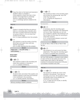 U5 GUIA ING1M (126-151)

19/10/12

15:41

Página 132

3 Copy the chart on the board and brainstorm

8 ++

students’ ideas to complete it.
Invite students to share their lists in their
groups. Encourage them to exchange
opinions, supporting their choices.
(L.A.: to exchange opinions related to the
topic).

Ask students to listen to the recording again
and number the sentences (a – e) in the
order they hear them.
(L.A.: to identify the sequence of
information).
Answers
e.; d.; a.; b.; c.

PAGE 145

9

4 +

5 ++
Ask students to read the words in the Key
Word Spot and match them with their
Spanish equivalent.
(L.A.: to infer meaning from the context).
Answers
helping hand- b.; non-profit making - c.;
worth achieving - a.

LISTENING
34

Ask students to listen to the recording and
check their prediction in Exercise 4.
(L.A.: to validate predictions).
Answers
c.

7 ++

34

Students listen and check if the positive and
negative aspects in their lists from Exercise
2 are mentioned in the recording.
(L.A.: to identify specific information).
Answers
Will vary, according to students’ predictions

132

UNIT 5

34

If necessary, play the recording again.
Students listen and decide if the statements
are true or false. Optionally, you can ask
your students to decide if the sentences are
true or false and then play the recording to
check their answers.
(L.A.: to discriminate between correct and
incorrect information).

Explain to students that they are going to
listen to a recording about voluntary work.
Ask them to predict what kind of text they
are going to listen to. Do not check their
answers at this stage.
(L.A.: to make predictions from the context).

6 +

34

Answers
a. True; b. False; c. False; d. False; e. False; f. False;
g. True.

10

34

Ask students to try and correct the false
statements. Then play the recording again
for them to complete their corrections.
Answers
b. It has 2,500 volunteers; c. Volunteers receive nothing
in return; d. There are also options near some of the
world’s largest urban centers; e. VW welcomes
volunteers of all educational backgrounds; f. VW sends
out hundreds of volunteers every week.

PAGE 146

11 +++

34

Ask students to identify the name of the
activities in the pictures. Then play the
recording once more. Tell students to listen
and identify which of the activities are
mentioned in the recording.
(L.A.: to relate text and visuals; to identify
specific information).

 