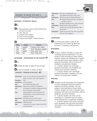 U1 GUIA ING1M (022-045).qxd

19/10/12

15:19

Página 45

TEEN LIFE
TEEN LIFE

ANSWERS TO EXTRA TEST UNIT 1

Interviewer:
Girl:
Interviewer:
Girl:

What are you reading right now?
I’m reading the latest Harry Potter novel.
What do you and your friends talk about?
We talk about clothes and music, TV programs,
…and boys, of course!
Boy:
We always talk about sports, sports and sports.
Interviewer: Would you like to have a girlfriend?
Boy:
I’d like to, but most girls like older boys. We’ll
have to wait!
Interviewer: Thank you very much. Here, have a copy of the
first issue of our magazine…

READING - STUDENTS' MAILS

1 b.
2 a. Because they want to have friends from
b.
c.
d.
e.

all over the world.
Yes, they do.
Rachel is the oldest.
Enzo is the youngest.
They’re from North / South America.

LANGUAGE

7 a. is having; b. wash; c. play; d. am

3
Name
Dora
Ariel
Enzo
Rachel

Country
Argentina
Brazil
Ecuador
USA

watching; e. do; f. takes; g. don’t like;
h. have; i. is baking; j. am listening

Interests
Listening to music; reading
Sports; video games; computers
Sports; movies; music
Sports, writing; music

LISTENING - TEENAGERS IN THE STREET

4 a.
5 a. False. b. False. c. False. d. True. e. False.
6 a. go. b. baseball. c. DVDs. d. Most
TRANSCRIPT - TEENAGERS IN THE STREET

8

Interviewer: Excuse me. Can I ask you a few questions? I’m
doing a survey for a new teen’s magazine…
Teenagers: Sure!
Interviewer: Are you students?
Boy:
Yes, at Brentwood High School.
Interviewer: What do you usually do on weekends?
Girl:
On Saturdays, I usually go shopping and then I
like to visit friends or go to parties.
Boy:
I play baseball. I’m on the school team. On
Saturday nights, I meet my friends and we
usually go to parties.
Interviewer: How often do you go to the cinema?
Girl:
Very often; about two or three times a month.
Interviewer: What about you?
Boy:
I never go to the cinema. I prefer to rent DVDs
and stay at home.

SPEAKING

8 In pairs, students role-play a survey and
8

exchange personal information. You can
assign a mark according to these criteria:
5 points: student can introduce him / herself
and ask and answer basic questions about
personal information, with a minimum of
hesitation and grammar mistakes.
3 – 4 points: student can exchange
personal information, but hesitates and
makes some grammar mistakes.
1 – 2 points: student can’t exchange
personal information, hesitates a lot and
makes a lot of grammar mistakes.
WRITING

9 Students use the information from Exercise 8
to write a paragraph about their partners’
interests and favorite activities. You can
assign a mark according to these criteria:
5 points: student can write a coherent short
paragraph with personal information, without
spelling or grammar mistakes.
3 – 4 points: student can write a short
paragraph in a coherent way, but makes
some spelling and / or grammar mistakes.
1 – 2 points: student can’t write a coherent
short paragraph with personal information,
and makes a lot of spelling and grammar
mistakes.

45

 
