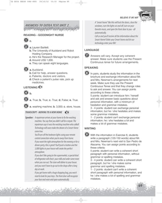 U2 GUIA ING1M (046-069)

19/10/12

15:32

Página 69

BELIEVE IT OR NOT

ANSWERS TO EXTRA TEST UNIT 2

READING - GOODNIGHT NURSE

1

c.

2 a. Lauren Bartlett.
b. The University of Auckland and Robot
Hosting Company.
c. He’s the Research Manager for the project.
d. Around US$ 1,000.
e. They can speak eight languages.

b. Call for help, answer questions.
c. Patients, doctors and visitors.
d. Check a patient’s pulse rate, pick up
medicines.
16

4 b.
5 a. True; b. True; c. True; d. False; e. True.
6 a. washing machine; b. 3,000; c. store, house.
TRANSCRIPT - MOVING TO A NEW HOME

LANGUAGE

7 Answers will vary. Accept any coherent
answer. Make sure students use the Present
Continuous tense for future arrangements.
SPEAKING

3 a. Auckland.

LISTENING

A smart home like this will lock the doors, close the
windows, turn the lights on and off, turn on your
favorite music, and open the front door to you - all
automatically.
Call us and you'll receive all the information about the
Smart Home! Order your Smart home and let our
technology enter your life!

16

Speaker: A repairman arrives at your home to fix the washing
machine. You say that you didn't call for a repair. The
repairman says it was the washing machine who called!
Technology will soon make the dream of a Smart Home
come true.
You'll turn off the bedroom lights using your remote
control connection when you're away from home.
If you want the right atmosphere for the evening or for a
dinner party, this is great! You'll push a button and the
3,000 lights in your house will create the perfect
atmosphere.
If you don't like going to the supermarket, a special kind
of refrigerator will check your milk and order some more
when you run out. The store will deliver to your house
and you won't have to go out to the shops after a long
day at work.
If you get home with a huge shopping bag, you won't
need to look for your keys. The front door will recognize
your face and voice and open automatically.

8 In pairs, students study the information in the
brochure and exchange information about Mr.
and Mrs. Newman’s arrangements for next
week. Make sure they use the Present
Continuous Tense and that they change roles
to ask and answer. You can assign points
according to these criteria:
5 points: student can introduce him / herself
and ask and answer basic questions about
personal information, with a minimum of
hesitation and grammar mistakes.
3 - 4 points: student can exchange personal
information, but he / she hesitates and makes
some grammar mistakes.
1 - 2 points: student can't exchange personal
information; he / she hesitates a lot and
makes a lot of grammar mistakes.
WRITING

9 With the information in Exercise 8, students
write a paragraph (120-150 words) about Mr.
and Mrs. Newman’s next visit to San Pedro de
Atacama. You can assign points according to
these criteria:
5 points: student can write a coherent short
paragraph with personal information, without
grammar or spelling mistakes.
3 - 4 points: student can write a coherent short
paragraph, but he / she makes some
grammar and spelling mistakes.
1 - 2 points: student can't write a coherent
short paragraph with personal information, and
he / she makes a lot of spelling and grammar
mistakes.

69

 