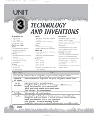 U3 GUIA ING1M (070-096)

19/10/12

UNIT

15:36

TECHNOLOGY
AND INVENTIONS

In this unit you will:
· read a web page
· read a biography
· listen to a conversation
· listen to a radio program
You will learn how to:
Reading
· find general and specific information
· identify the sequence of events
· identify the type of text
Listening
· discriminate between correct and incorrect
information
· relate speakers and speech
· discriminate sounds and words
· identify sequence
Language
· use the Simple Past Tense
· use linking words
· use relative pronouns
Types of Evaluation
Continuous/informal
Reflection spot
Self - evaluation
Unit Check
Unit evaluation

Final Reflection
Extra Test

70

UNIT 3

Página 70

Speaking
· ask and answer questions about biographical
information
· exchange opinions about inventions and
technology
Writing
· write a short summary of a biography
· complete a paragraph about a new invention
You will also:
· assess and appreciate the role of technology in
everyday life
· develop respect for and acceptance of other
people’s opinions
Development
· Lesson 1: four hours
· Lesson 2: four hours
· Lesson 3: four hours
· Lesson 4: four hours
· Consolidation and evaluation activities: 3 hours
+ home assignments

Didactic resources
· Complementary material such as articles
magazines, Student Forum chats.
· Pictures of teenagers provided by the teacher and
by students to illustrate the diversity of
teenage cultures.
· Support material such as lists of adjectives,
dictionaries, glossaries, definitions, printed
handouts, library material, etc.
Methodological suggestions
· Teachers should prepare the lessons beforehand
considering that thorough prior preparation
allows them to think of and apply some useful
ideas. It is their chance to make the class
entertaining and to involve students in the
learning process.
· Teachers are advised to use a variety of resources
throughout the book.

Indicators

Students do reading and listening activities, take part in conversations, and produce written texts.

Students analyze and evaluate their performance in the speaking, reading, listening, and writing activities.
Reading: Students identify and extract specific information.
Listening: Students identify specific information and the correct sequence and discriminate sounds.
Language: Students use the Simple Past Tense and relative pronouns.
Speaking: Students exchange information about an imaginary invention.
Writing: Students write a short description of a gadget.
Students analyze their performance in the whole unit.

Reading: Students find specific information and discriminate between correct and incorrect information.
Listening: Students identify specific information and discriminate between correct and incorrect information.
Language: Students use the Simple Present and Present Progressive tense.
Writing: Students write a short paragraph describing their best friend.
Speaking: Students imitate an interview and exchange information about routines, interests and favorite activities.

 