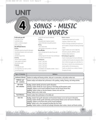 U4 GUIA ING1M (097-125)

19/10/12

15:38

UNIT

SONGS - MUSIC
AND WORDS

In this unit you will:
· read a piece of chat
· read book reviews
· listen to a television program
· listen to a song
You will learn how to:
Reading
· distinguish general and specific information
· discriminate between correct and incorrect
information
· identify the type of text
Listening
· infer the mood of speakers
· relate speakers and speech
· discriminate sounds
Language
· use would and could
· use modal verbs must, have to, need to
· use the Passive Voice
Types of Evaluation
Continuous/informal
Reflection spot
Self - evaluation
Unit Check
Unit evaluation

Final Reflection
Extra Test

Página 97

· use the First and Second Conditionals
Speaking
· ask people about imaginary situations
· request information using polite questions
Writing
· write a book review
· write questions and answers in a chat room
You will also:
· assess and appreciate the value of music and
literature
· develop respect for the role of music and literature
as a means of communication
Development
· Lesson 1: four hours
· Lesson 2: four hours
· Lesson 3: four hours
· Lesson 4: four hours
· Consolidation and evaluation activities: 3 hours +
home assignments

Didactic resources
· Complementary material such as articles
magazines, Student Forum chats.
· Pictures of teenagers provided by the teacher and
by the students to illustrate the diversity of teenage
cultures.
· Support material such as lists of adjectives,
dictionaries, glossaries, definitions, printed
handouts, library material, etc.
Methodological suggestions
· Teachers should prepare the lessons beforehand
considering that thorough prior preparation allows
them to think of and apply some useful ideas. It is
their chance to make the class entertaining and to
involve students in the learning process.
· Teachers are advised to use a variety of resources
throughout the book.

Indicators

Students do reading and listening activities, take part in conversations, and produce written texts.

Students analyze and evaluate their performance in the speaking, reading, listening, and writing activities.
Reading: Students identify and extract specific information.
Listening: Students identify the correct sequence of information and discriminate sounds.
Language: Students use the Second Conditional Structure and the Present Passive Voice.
Speaking: Students imitate an interview between a famous artist and a fan.
Writing: Students write a book review.
Students analyze their performance in the whole unit.

Reading: Students find specific information and discriminate between correct and incorrect information.
Listening: Students identify specific information and discriminate between correct and incorrect information.
Language: Students use the Passive Voice and the Second Conditional.
Writing: Students write a short paragraph describing their best friend.
Speaking: Students imitate an interview and exchange information about routines, interests and favorite activities.

97

 