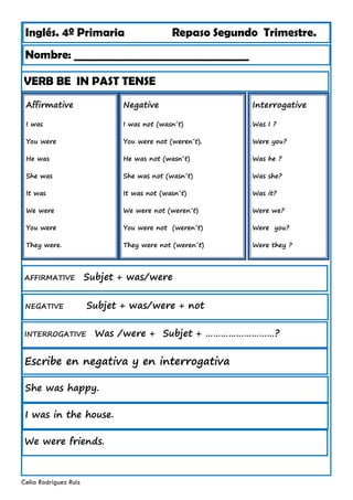 Inglés. 4º Primaria Repaso Segundo Trimestre.
VERB BE IN PAST TENSE
Nombre: ________________________________
Celia Rodríguez Ruiz
Affirmative
I was
You were
He was
She was
It was
We were
You were
They were.
Negative
I was not (wasn´t)
You were not (weren´t).
He was not (wasn´t)
She was not (wasn´t)
It was not (wasn´t)
We were not (weren´t)
You were not (weren´t)
They were not (weren´t)
Interrogative
Was I ?
Were you?
Was he ?
Was she?
Was it?
Were we?
Were you?
Were they ?
NEGATIVE Subjet + was/were + not
INTERROGATIVE Was /were + Subjet + ………………………?
AFFIRMATIVE Subjet + was/were
Escribe en negativa y en interrogativa
She was happy.
I was in the house.
We were friends.
 