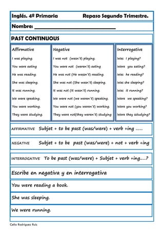 Inglés. 4º Primaria Repaso Segundo Trimestre.
PAST CONTINUOUS
Nombre: ________________________________
Celia Rodríguez Ruiz
Affirmative
I was playing.
You were eating
He was reading.
She was sleeping.
It was running.
We were speaking.
You were working.
They were studying.
AFFIRMATIVE Subjet + to be past (was/were) + verb +ing ……
Negative
I was not (wasn´t) playing.
You were not (weren´t) eating
He was not (He wassn´t) reading.
She was not (She wasn´t) sleeping.
It was not (It wasn´t) running.
We were not (we weren´t) speaking.
You were not (you weren´t) working.
They were not(they weren´t) studying
Interrogative
Was I playing?
Were you eating?
Was he reading?
Was she sleeping?
Was it running?
Were we speaking?
Were you working?
Were they sstudying?
NEGATIVE Subjet + to be past (was/were) + not + verb +ing
INTERROGATIVE To be past (was/were) + Subjet + verb +ing..…?
Escribe en negativa y en interrogativa
You were reading a book.
She was sleeping.
We were running.
 