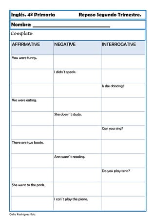 Inglés. 4º Primaria Repaso Segundo Trimestre.
Nombre: ________________________________
Celia Rodríguez Ruiz
Complete
AFFIRMATIVE NEGATIVE
You were funny.
I didn´t speak.
We were eating.
She doesn´t study.
There are two books.
Ann wasn´t reading.
She went to the park.
INTERROGATIVE
Is she dancing?
Can you sing?
Do you play tenis?
I can´t play the piano.
 