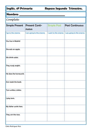 Inglés. 4º Primaria Repaso Segundo Trimestre.
Nombre: ________________________________
Celia Rodríguez Ruiz
Complete
Simple Present Present Conti-
nuous
I go to the cinema I am going to the cinema
You live in Madrid
She eats an apple.
We drink water.
They study english.
He does the homework.
Ann reads the book.
Tom writtes a letter.
I play tenis.
My father works here.
Simple Past
I went to the cinema
Past Continuous
I was going to the cinema
They win the race.
 